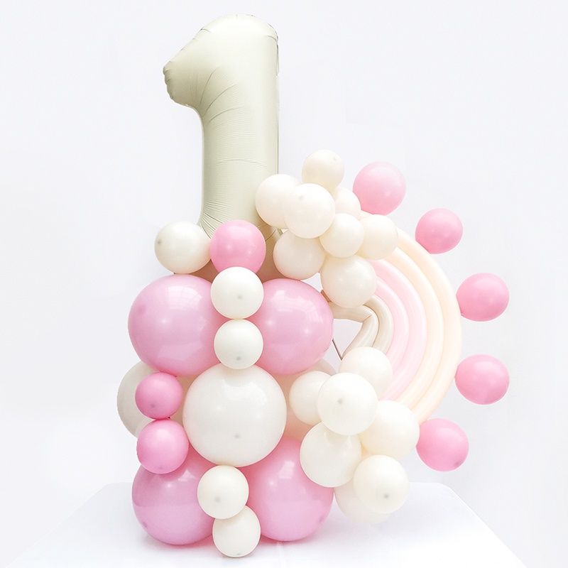 57 件裝女嬰粉色 30 英寸奶油色數字氣球支架套裝彩虹生日派對氣球柱