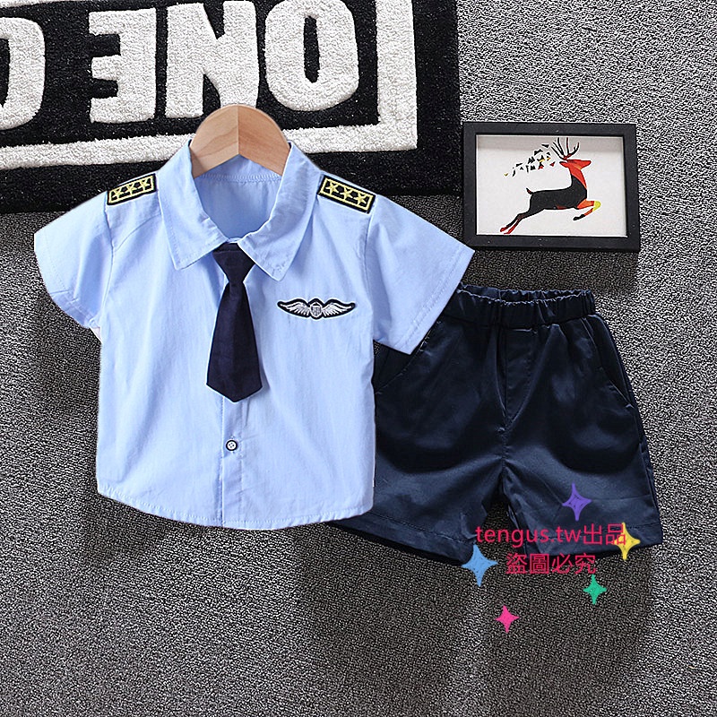 韓版夏季純棉兒童卡通警察叔叔制服短袖T恤 兒童套裝男兒童素色領帶空軍上校短袖短褲潮兩件套