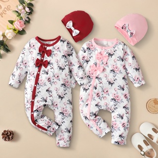 0-18 個月新生女嬰玫瑰花卉長袖連身衣帶帽/可愛蝴蝶結設計新年假期連身衣/學步女孩 2 件裝