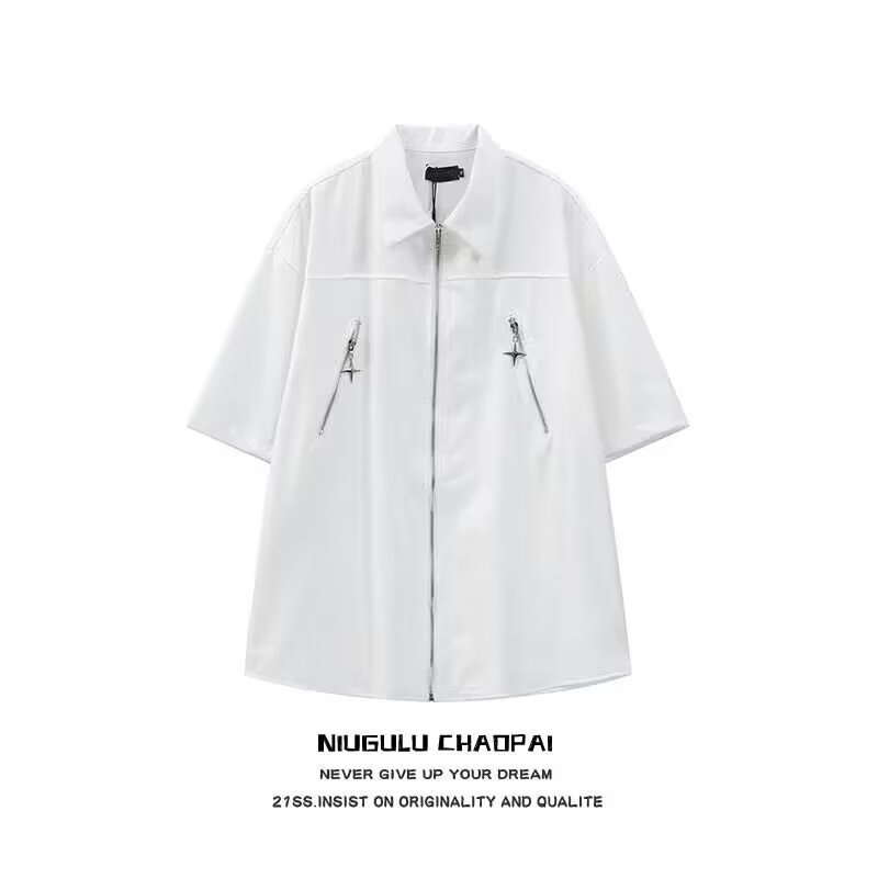 時尚韓版流行風男士休閒襯衫拉鍊超大短袖襯衫