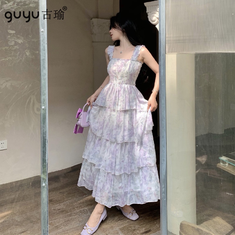 夏天度假洋裝【S-L】2023新款鬆緊層層裙背心洋裝 暈紫色 蛋糕裙禮服 旅遊 外拍 寫真 藝術照長洋裝