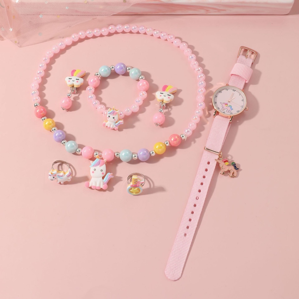 【A291】希藍飾品5pcs/set新款兒童套裝 可愛優雅粉色手錶+彩虹串珠小馬手鍊套裝