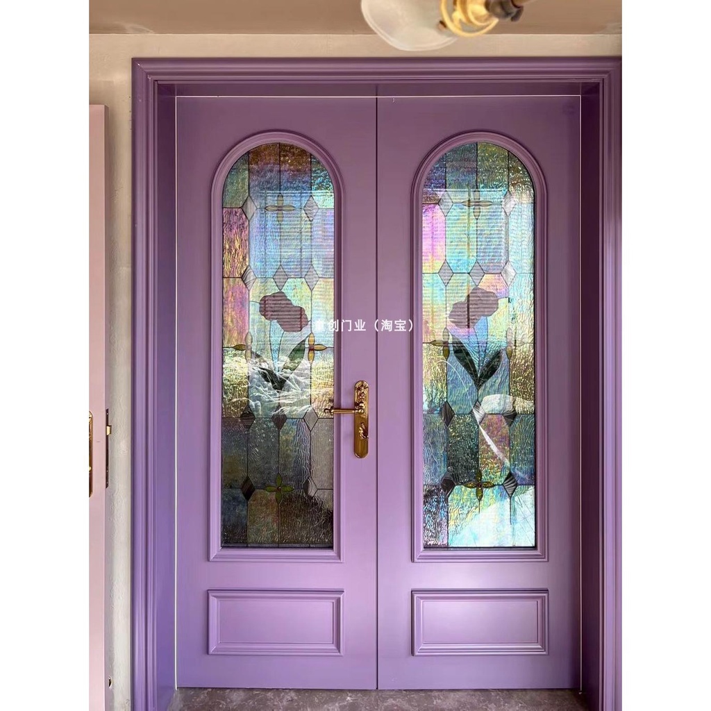 工坊直銷 客製 免運 紫色臥室門雙開 蒂凡尼玻璃陽台廚房 衛生間書房烤漆隔音 實對開木門