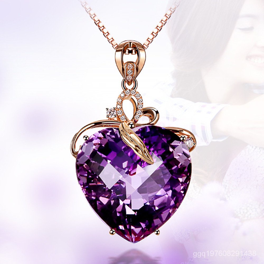 2023新款心形紫水晶吊墜女   鍍18K金彩色寶石項墜愛心紫寶石項鍊女