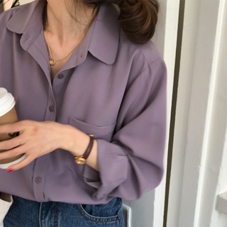 S-3XL 襯衫 長袖上衣 素色 法式襯衫女秋季新款韓版chic純色簡約氣質長袖翻領襯衣