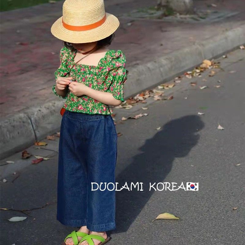 韓版女童套裝/兒童碎花綠色襯衫+牛仔寬褲子