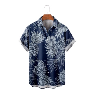 男式海軍藍棕櫚葉菠蘿襯衫短袖夏威夷襯衫