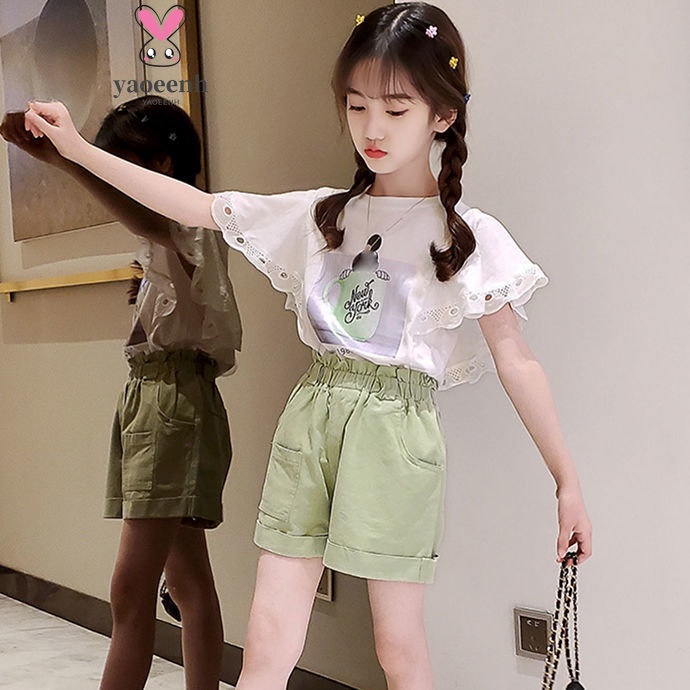 【YAOEENH】110-160CM 韓版女童套裝 中大童洋氣花邊短袖短褲兩件套 現貨 快速出貨