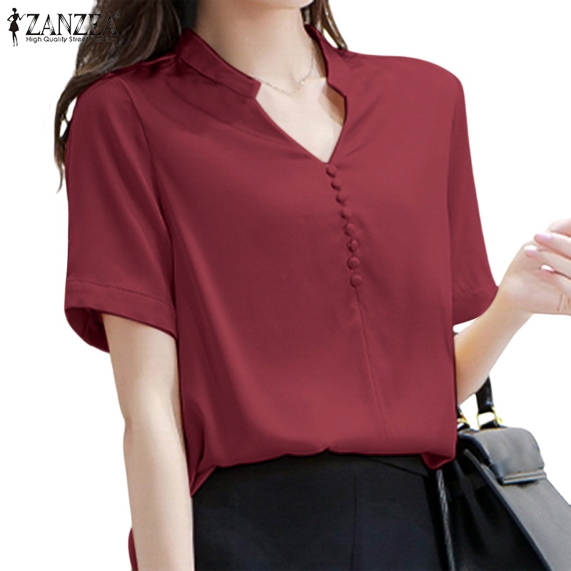 Zanzea 女式韓版日常立領 V 領上衣休閒短袖襯衫