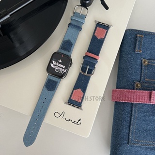 口袋牛仔刺繡Y2K Apple Watch S8 7代 Ultra 牛仔拼色皮質錶帶 S6 5 40mm SE 蘋果錶帶