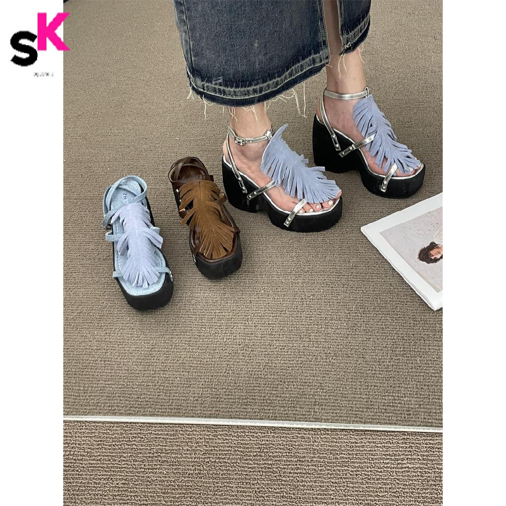 SK韓國設計小眾設計感流蘇鬆糕坡跟羅馬涼鞋2023夏季外穿厚底增高露趾女鞋子