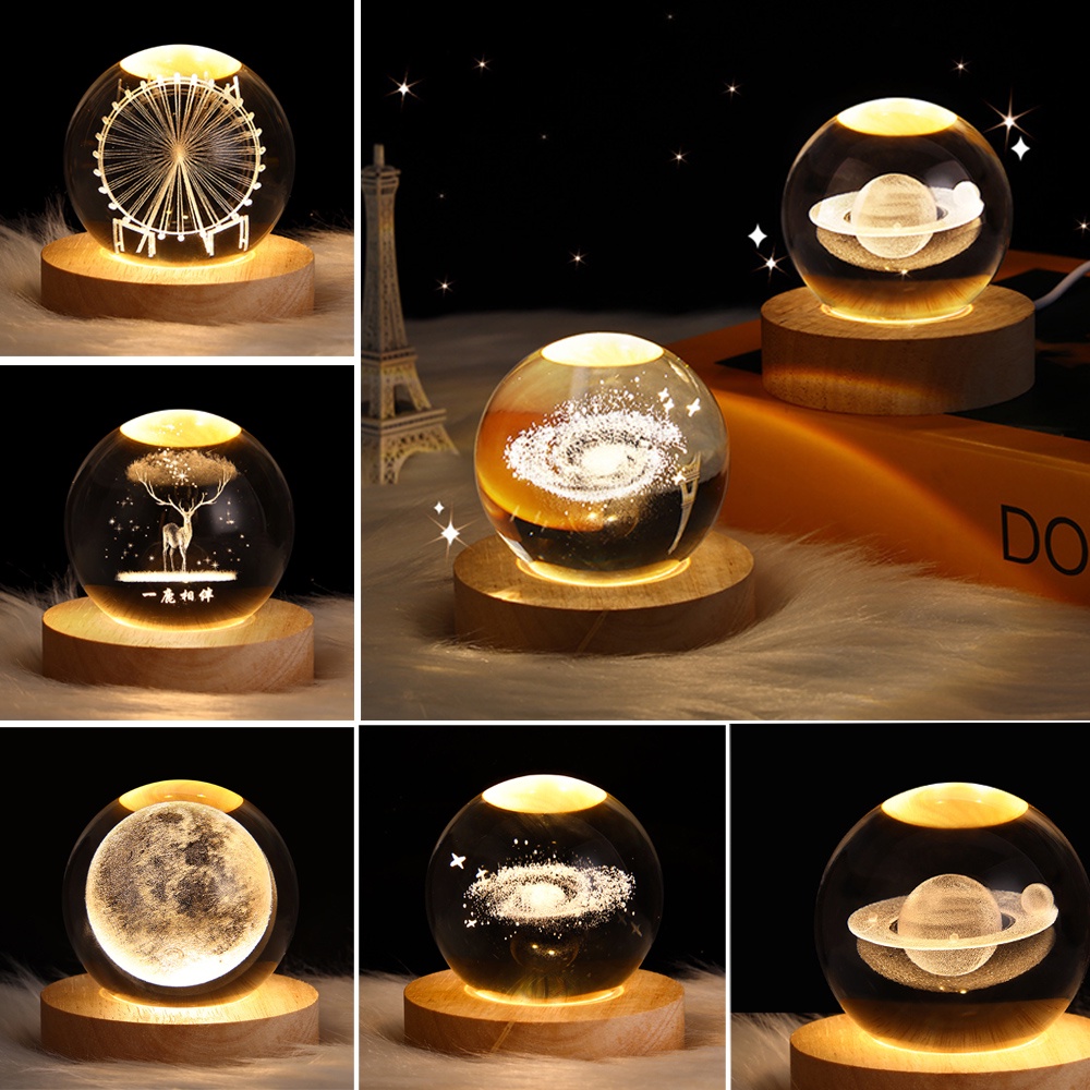 水晶球水晶宇航員星球地球儀 3D 激光雕刻太陽系球帶觸摸開關 LED 燈座天文學