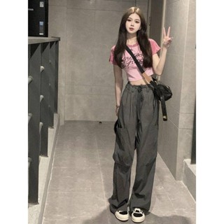Leann-黎安 美式複古辣妹 工裝褲 女小個子 設計感寬鬆顯瘦休閒闊腿 直筒褲 ins潮