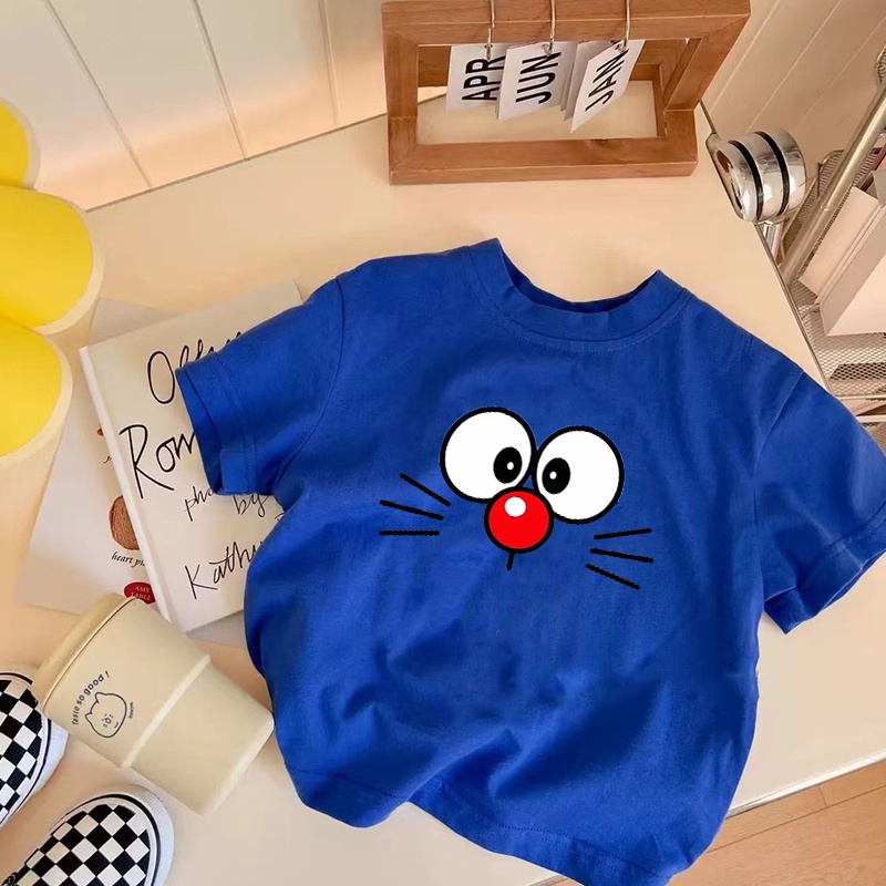 哆啦夢 哆啦a夢臉印花兒童t恤時尚創意可愛短袖襯衫兒童藍色衣服