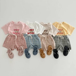 AKUI⚡韓國童裝夏季寶寶格子短褲卡通字母T恤套裝 ins款中兒童夏季兒童純棉短袖上衣褲子兩件套