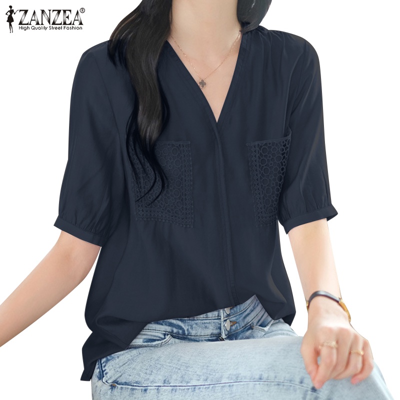 Zanzea 女式韓版休閒 V 領半袖拼接純色襯衫
