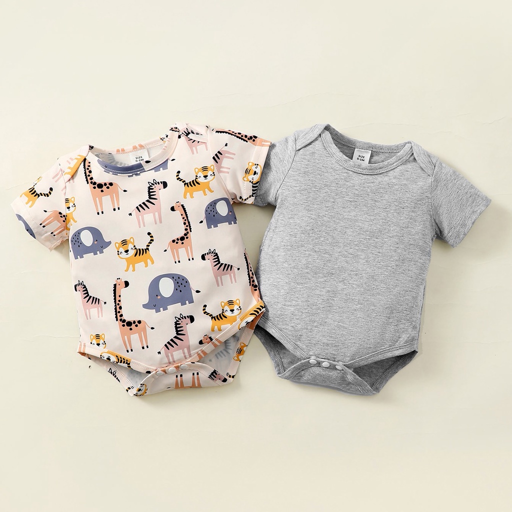 2 件/套 0-9 個月新生男嬰短袖緊身衣褲/純色和動物印花連身衣/可愛時尚風格雙胞胎睡衣軟裝