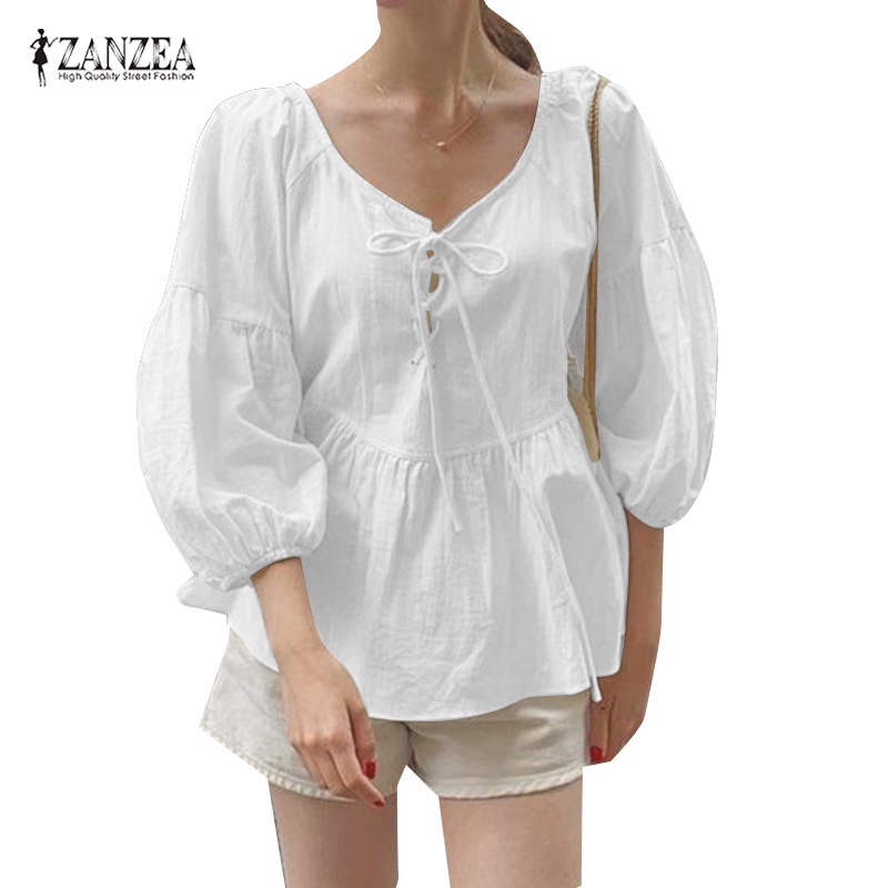 Zanzea 女式韓版日常純色四分之三袖 V 領襯衫
