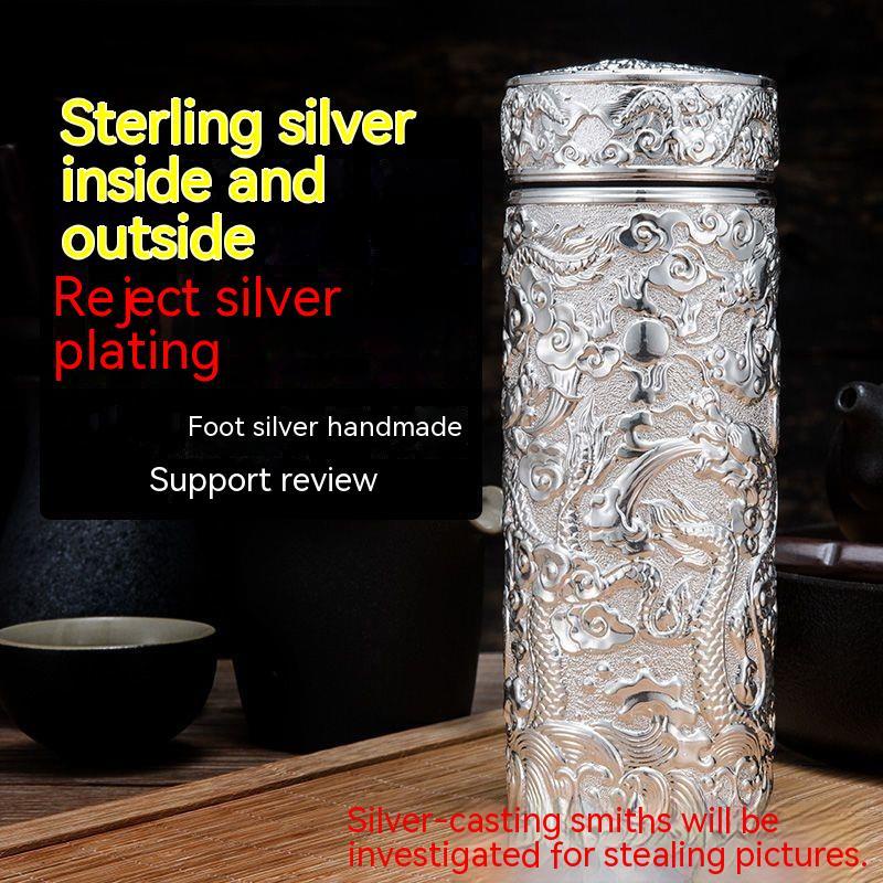 九龍杯正品S999內外純銀質保溫杯泡茶杯商務浮雕高檔禮品足銀水杯