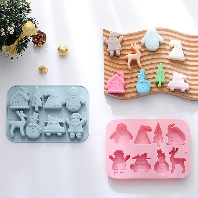 8腔聖誕主題矽膠模具企鵝薑餅屋大衛鹿雪人汽車蛋糕模具巧克力餅乾布丁果凍模具diy烘焙模具