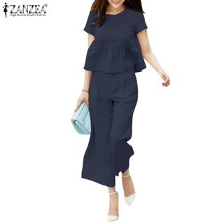 Zanzea 女式韓版短袖打褶上衣高腰褲休閒套裝