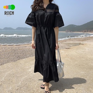 ROVE[輕奢高級]韓國chic法式郝本風鏤空蕾絲抽褶抽繩拼接荷葉邊飄逸短袖洋裝洋裝女