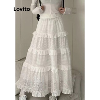 Lovito 女式休閒素色荷葉邊下擺 A 字中長裙 LNA10128 (白色)