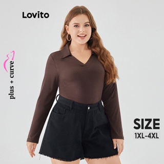 Lovito 大尺碼女式休閒素色Polo領基本款 T 恤 LPS09033 (棕色)