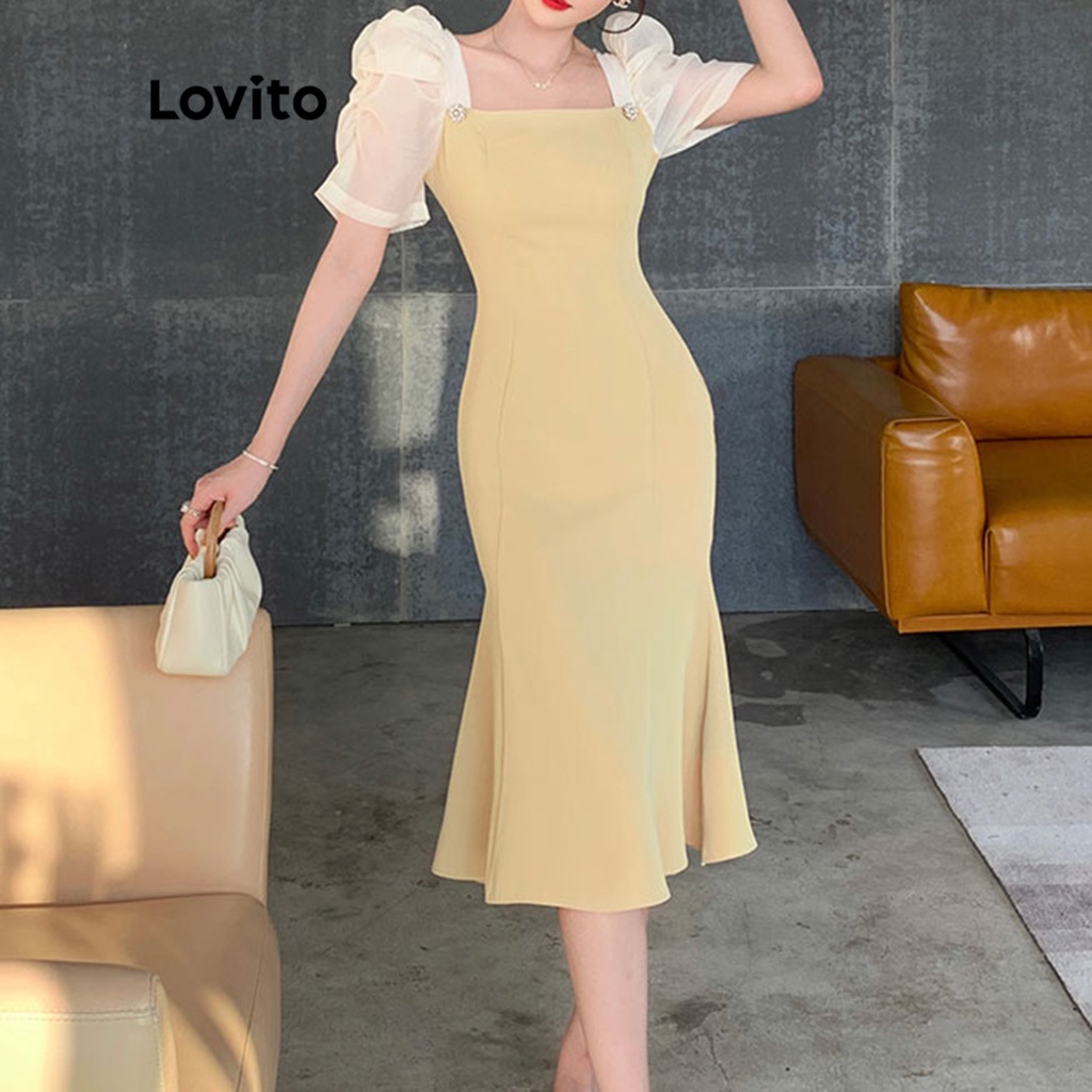 Lovito 女式休閒素色泡泡袖拼色方領短袖魚尾中長洋裝 LNE11181 (淡黃色)