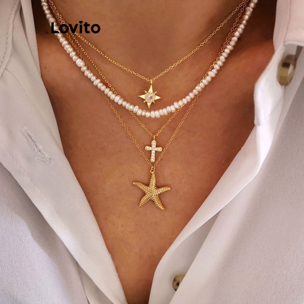 Lovito 女士休閒純珍珠星形十字架海星項鍊 L57AD094 (金色)