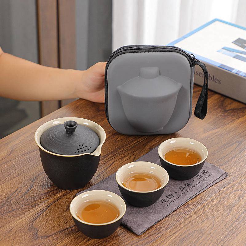 便攜式旅行茶具 旅行茶具組 輕瓷旅行茶具 一壺三杯蓋碗茶具小套戶外功夫套裝泡茶簡