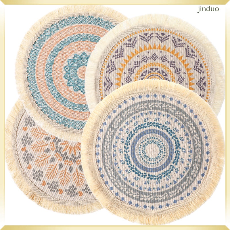 織物流蘇餐墊編織餐墊農舍圓形粗麻布裝飾 4 件 jinduos