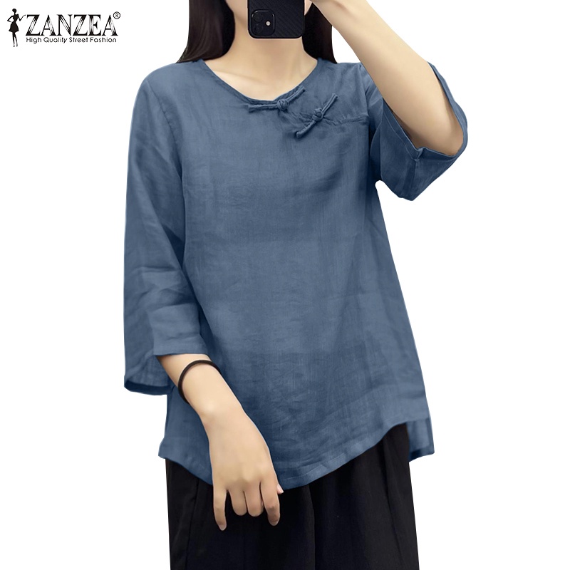 Zanzea 女式韓版圓領板扣 3/4 袖棉麻襯衫