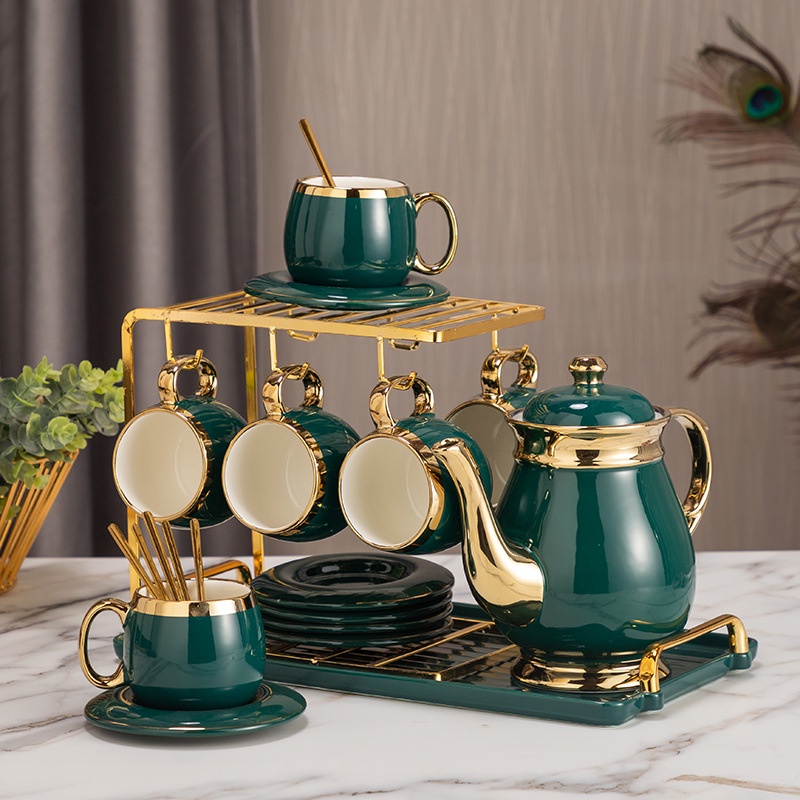 新品北歐輕奢翡翠綠金邊多形咖啡壺套裝陶瓷茶壺套裝帶茶壺托盤
