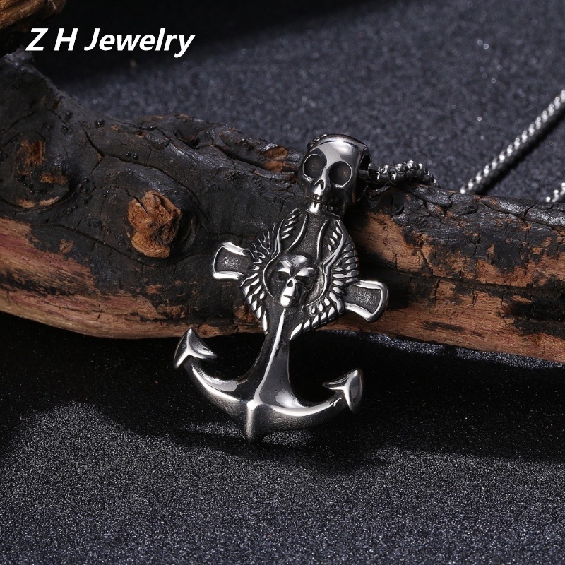 【Z H Jewelry】復古朋克十字架骷髏頭吊墜男士時尚不銹鋼錨項鍊嘻哈派對飾品配件
