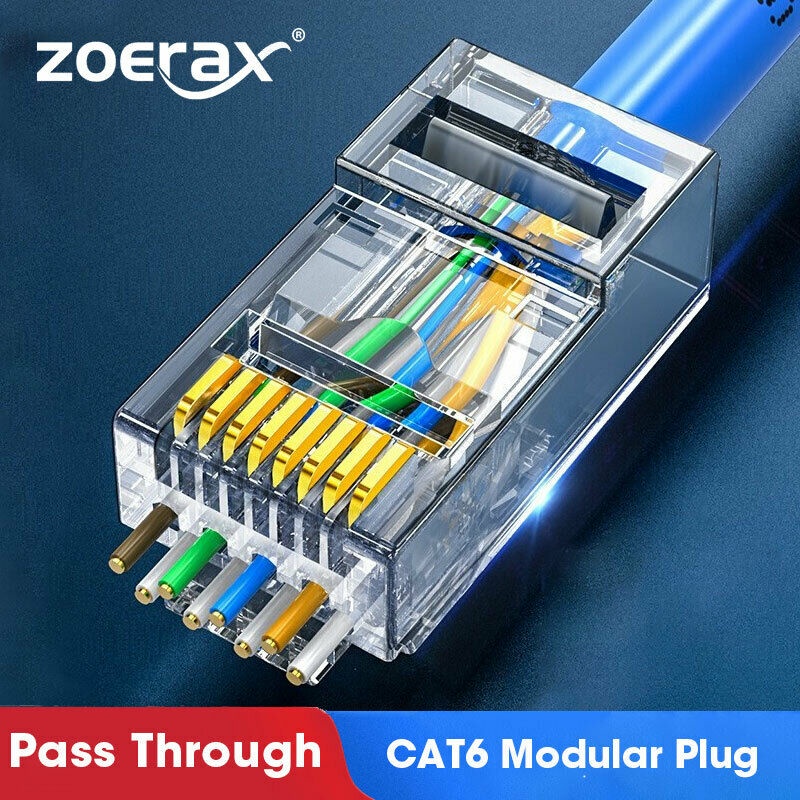 Zoerax CAT6a Cat6 CAT5e 直通 RJ45 模塊化插頭網絡連接器 UTP 30μ 鍍金 1.2mm