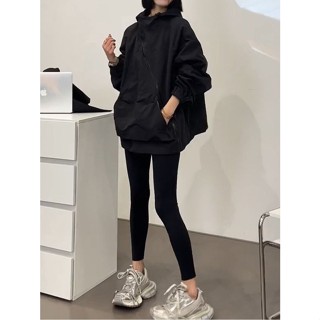 【CHICUP STUDIO】限時快發 黑色歐貨斜拉鍊連帽外套女春秋2023新款春季設計感休閒衝鋒衣炸街