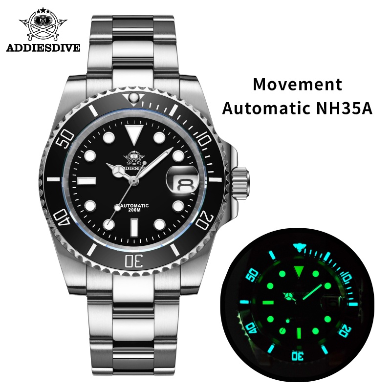 Addiesdive H3 夜光系列手錶 200m 防水 NH35 自動手錶黑色錶盤藍寶石水晶男士不銹鋼手錶