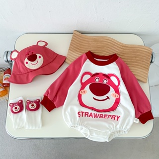 嬰兒長袖連身衣純棉玫瑰紅熊卡通嬰兒連身衣