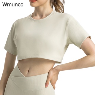 Wmuncc條紋羅紋瑜伽襯衫短袖女時尚性感開腰健身露臍上衣寬鬆運動t恤
