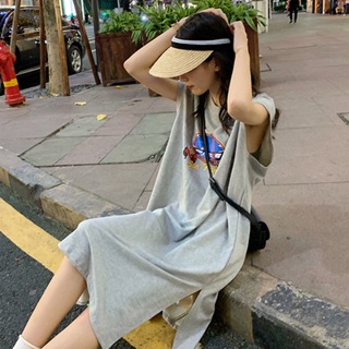 2023新款韓版女裝背心T恤長裙女原宿風學生上衣女夏季背心洋裝