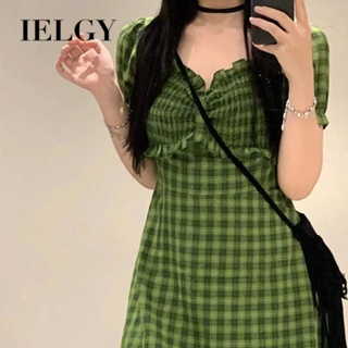 IELGY 洋裝連衣裙女綠色格子輕熟風法式收腰長裙