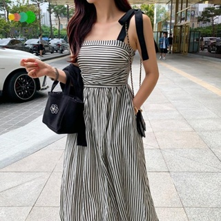 ROVE[輕奢高級]韓國韓國chic夏季減齡復古小眾氣質設計感蝴蝶結條紋中長款洋裝洋裝女