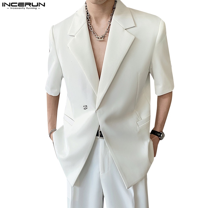 Incerun 男士韓版剪影肩墊純色短袖西裝外套
