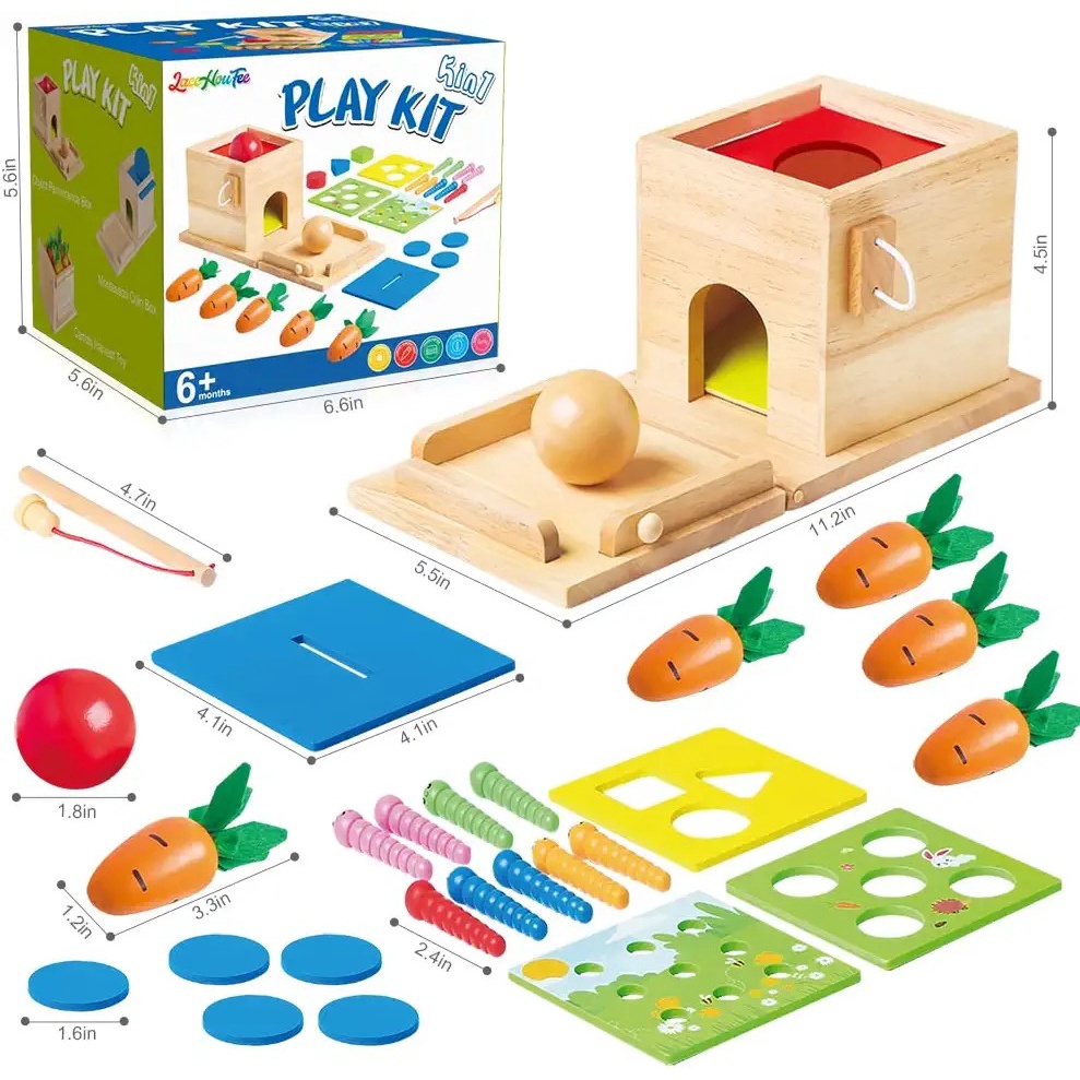 5 合 1蒙特梭利玩具 木製永久盒硬幣盒 拔胡蘿蔔形狀分類器 幼兒學習玩具