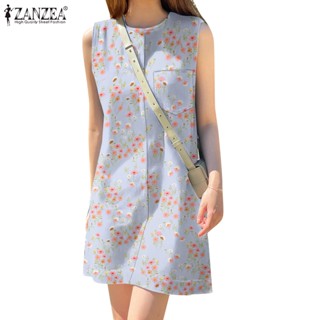 Zanzea 女式韓版花卉印花圓領無袖 H 字連衣裙