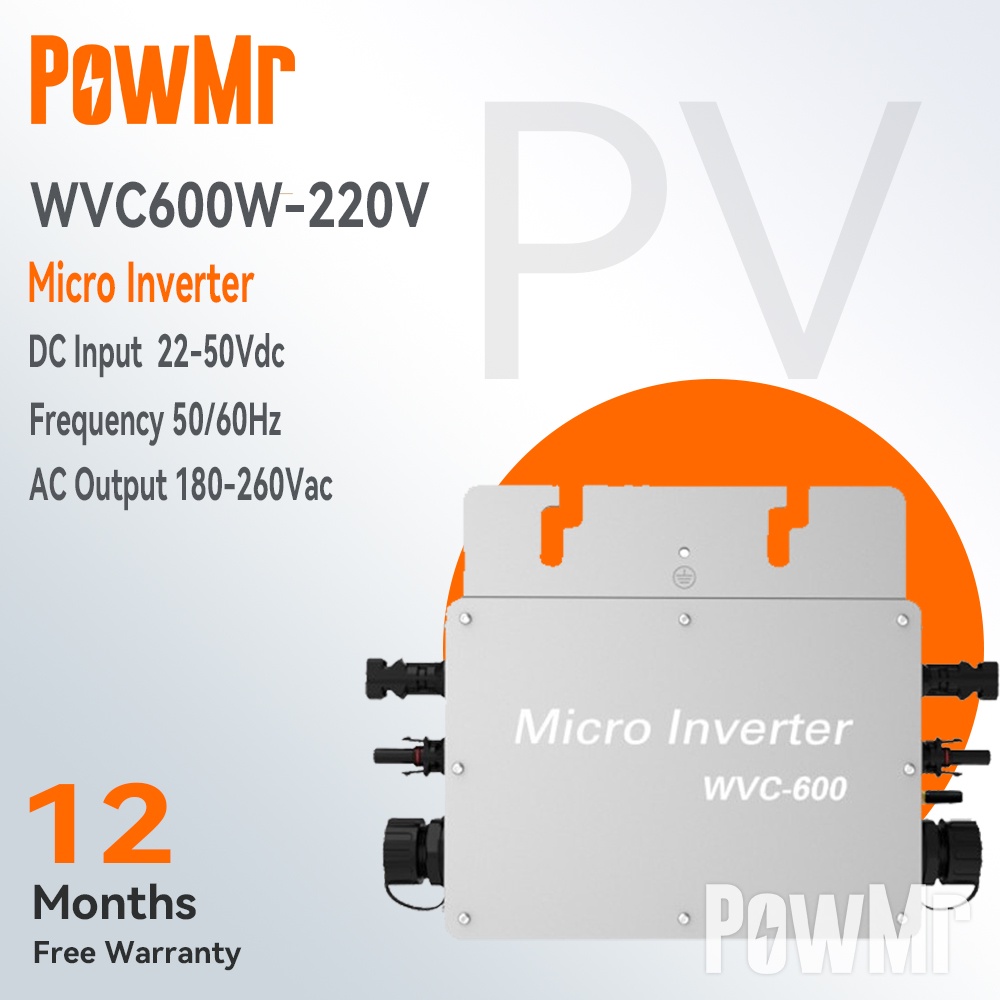 Powmr 600W MPPT 太陽能光伏並網微型逆變器 WVC 系列輸入 22V-50VDC 輸出 180V-280V