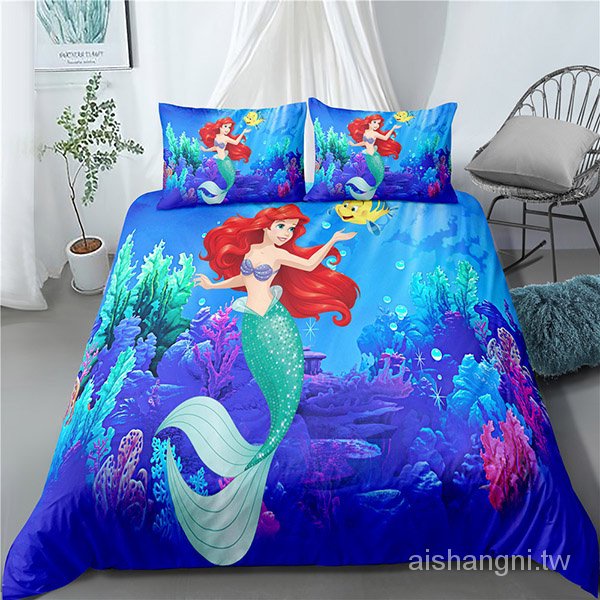 Yt3 小美人魚 3IN1 床單套裝單人雙人床單卡通迪士尼臥室舒適可水洗枕頭