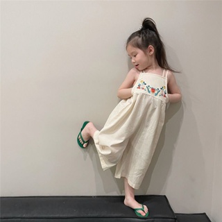 熱銷新款日韓女童連身褲夏裝刺繡吊帶連身褲一件式褲寶寶寬鬆寬褲洋氣連身褲