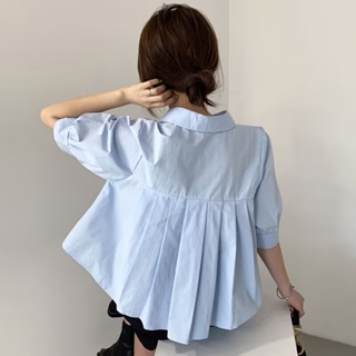 韓國chic夏季溫柔奶軟藍翻領小心機後背百褶下襬寬鬆短袖襯衫上衣